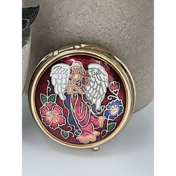 Vintage‎ Cloisonne Angel And Flower Trinket/Pill Box Burgundy Maroon Goldtone - Picture 1 of 5